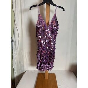 Ryanth Purple Sequin Mini Dress V-Neck Spaghetti Strap Party Cocktail